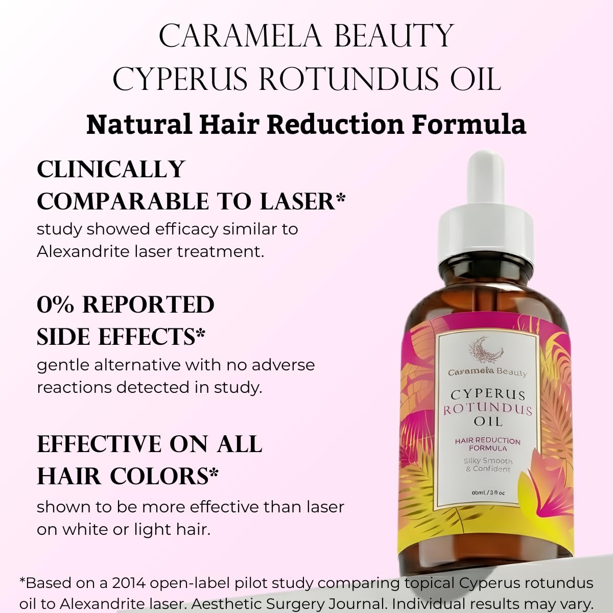 Caramela Beauty Cyperus Rotundus Oil being poured demonstrates easy application for smoother skin.
