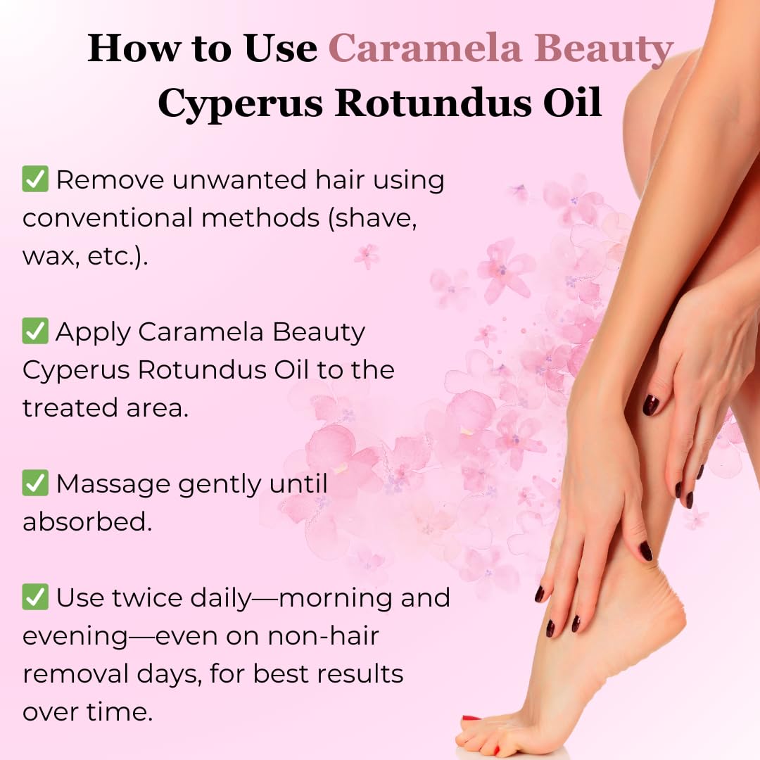 Caramela Beauty Cyperus Rotundus Oil in a bathroom setting suggests a natural hair-friendly routine.