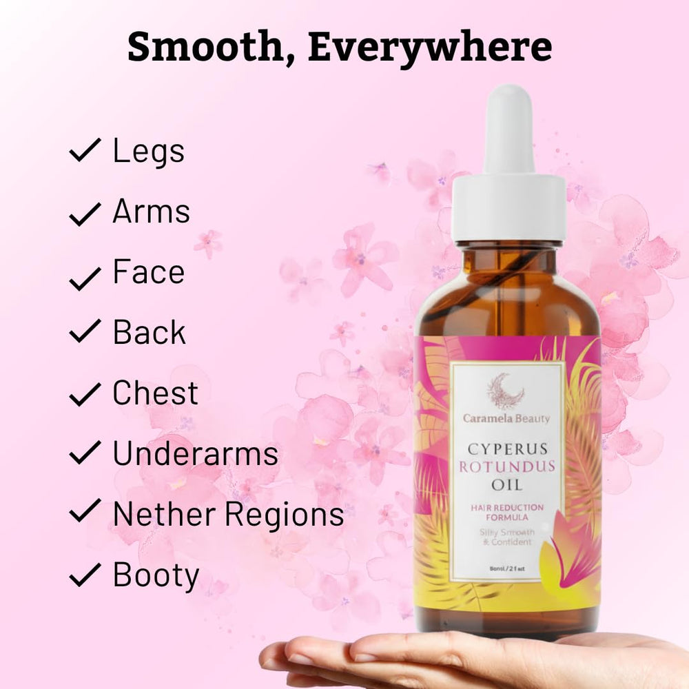 Caramela Beauty Cyperus Rotundus Oil blends with jojoba and rosehip for nourished skin.