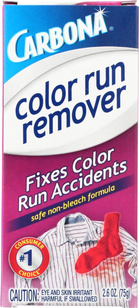 Carbona Color Run Remover bottle closeup showing color-safe stain treatment for fabrics.