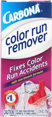 Carbona Color Run Remover bottle closeup showing color-safe stain treatment for fabrics.