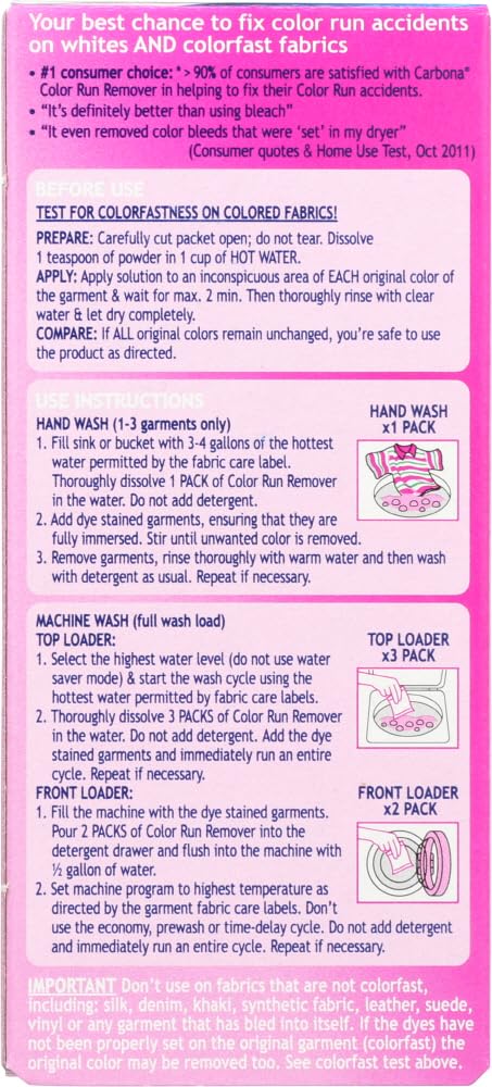 Carbona Color Run Remover powder dispensing demonstrates simple application on garments.