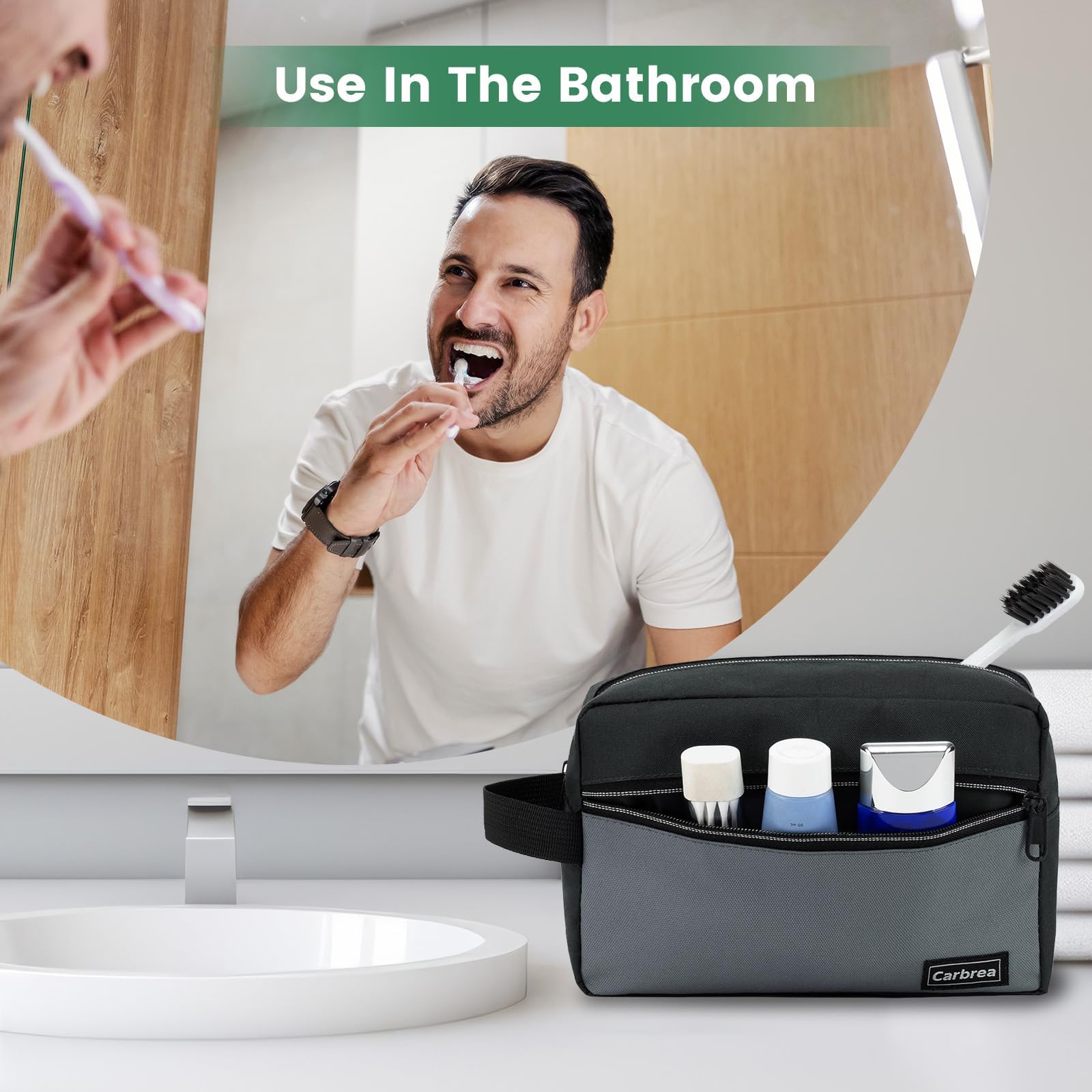 Carbrea travel toiletry bag standing-ready for small luggage spaces.
