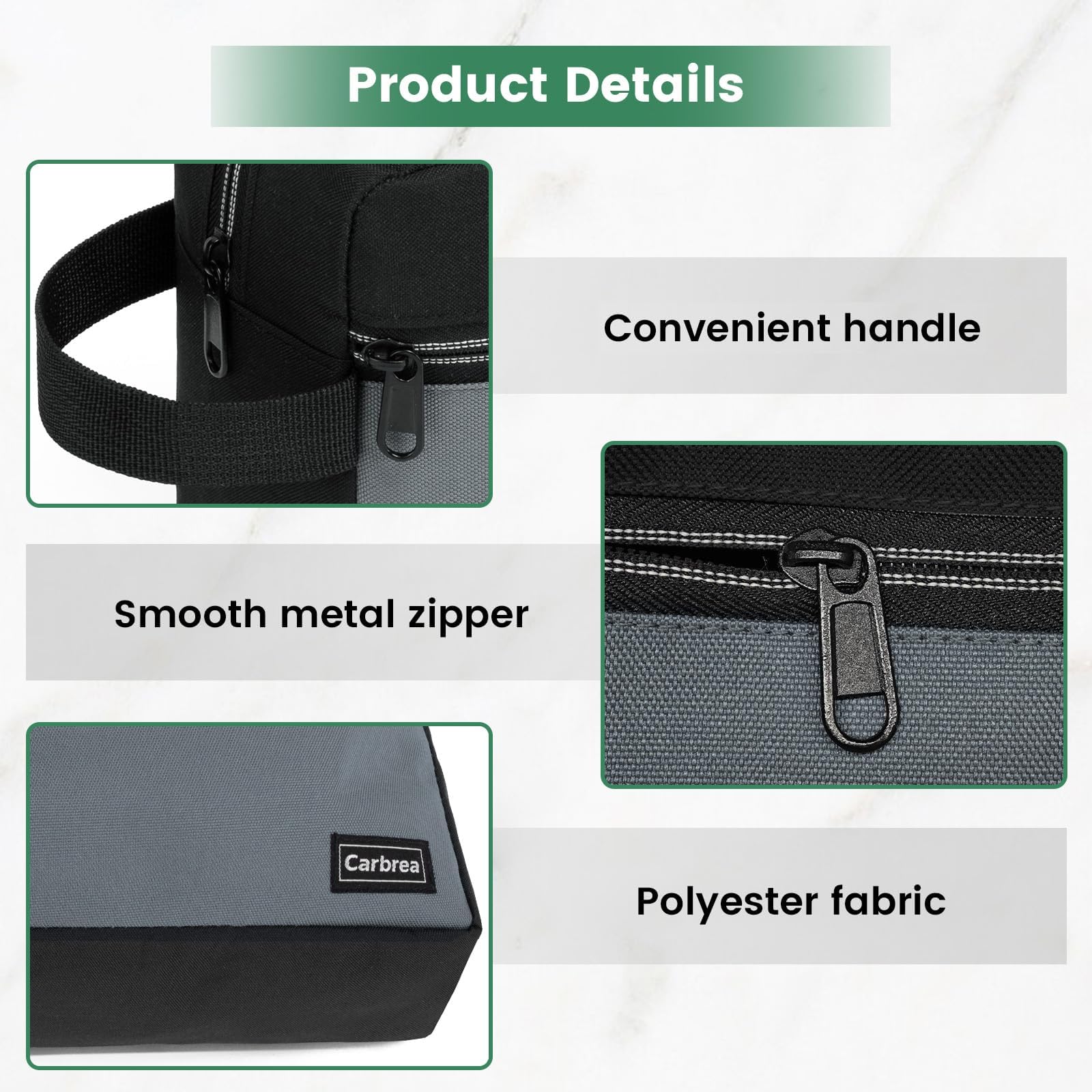 Carbrea travel toiletry bag sturdy polyester for long-lasting use.