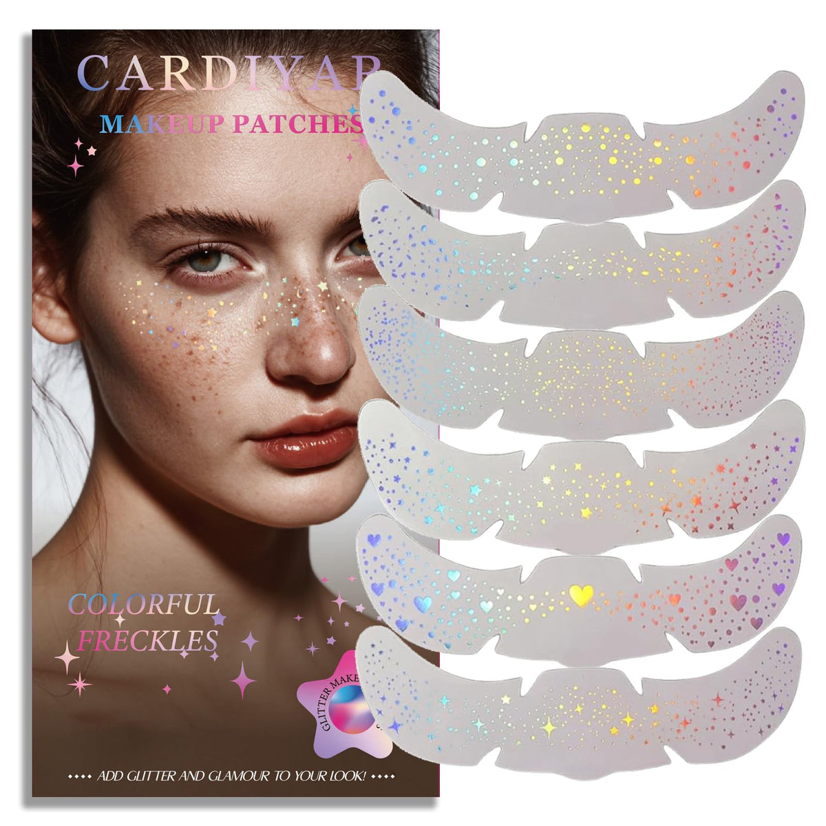 Cardiyar glitter freckles 24pcs pack on skin for a festival-ready shimmer.