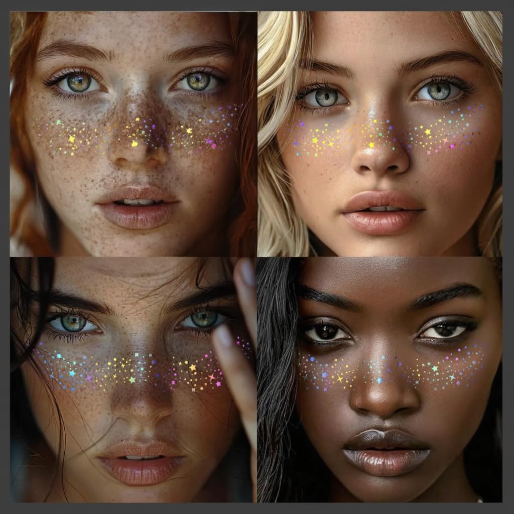 Cardiyar mardi-gras glitter patches on skin for festive makeup.