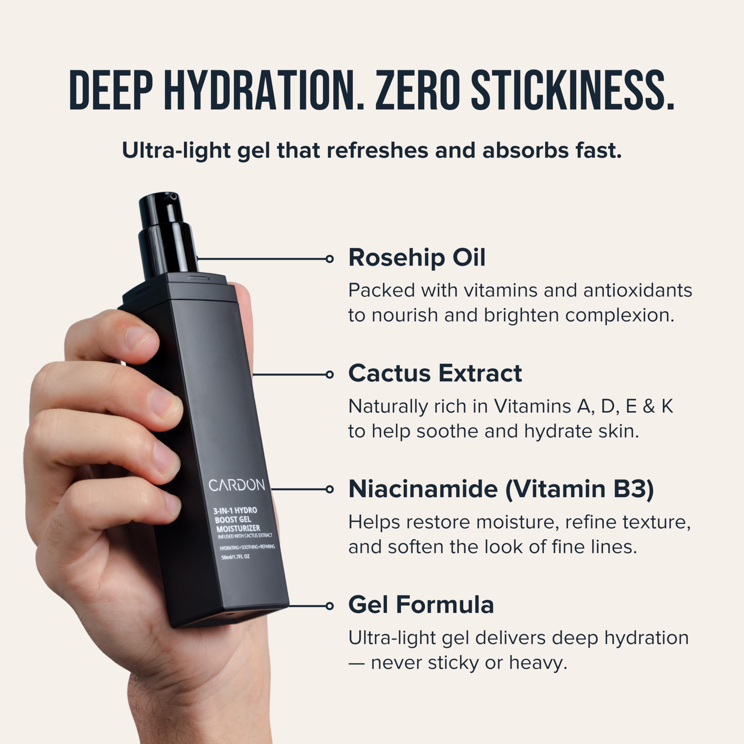 Cardon hydro-boost gel closeup showing light, fast-absorbing hydration.
