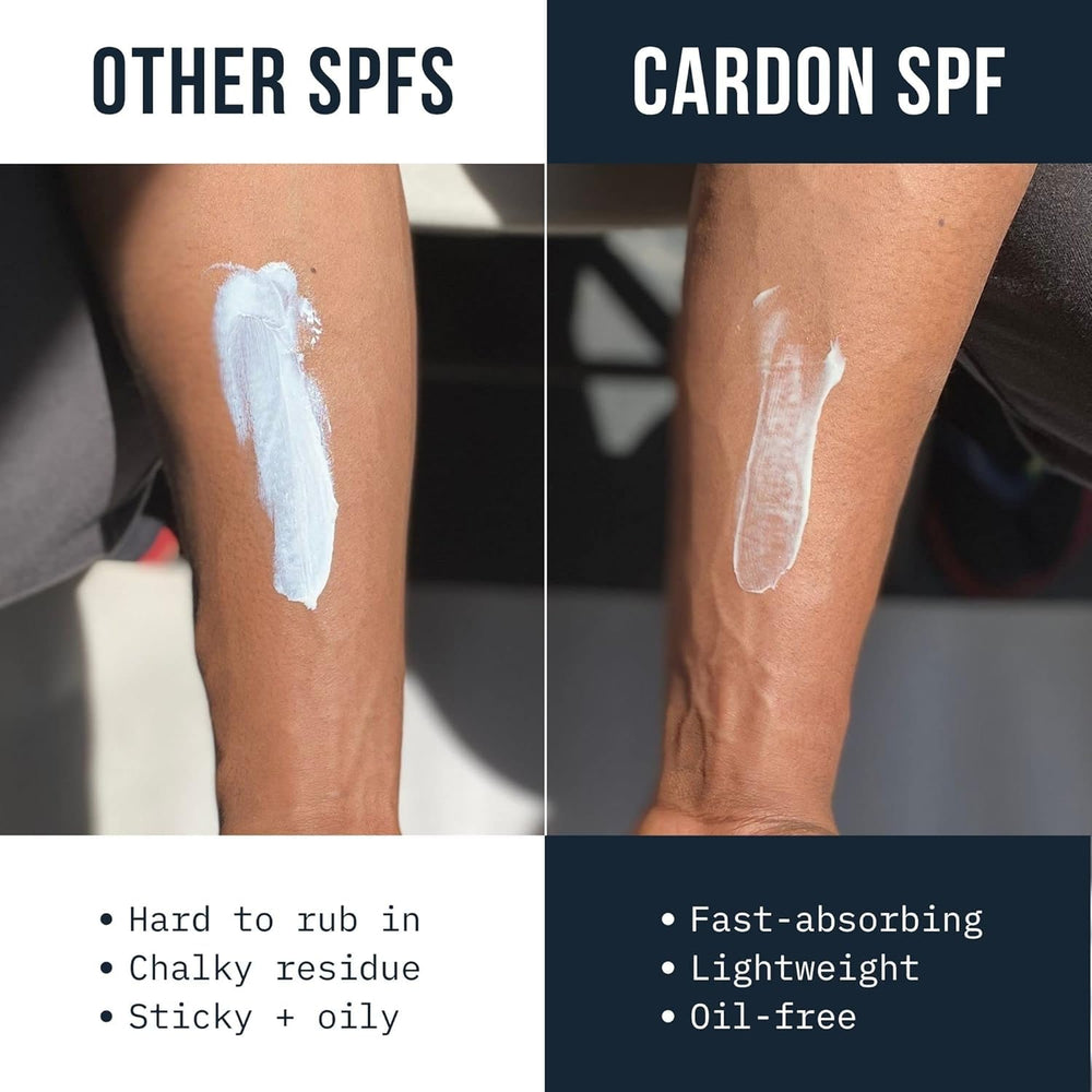 Cardon SPF30 sunscreen texture highlights easy spread and quick dry.
