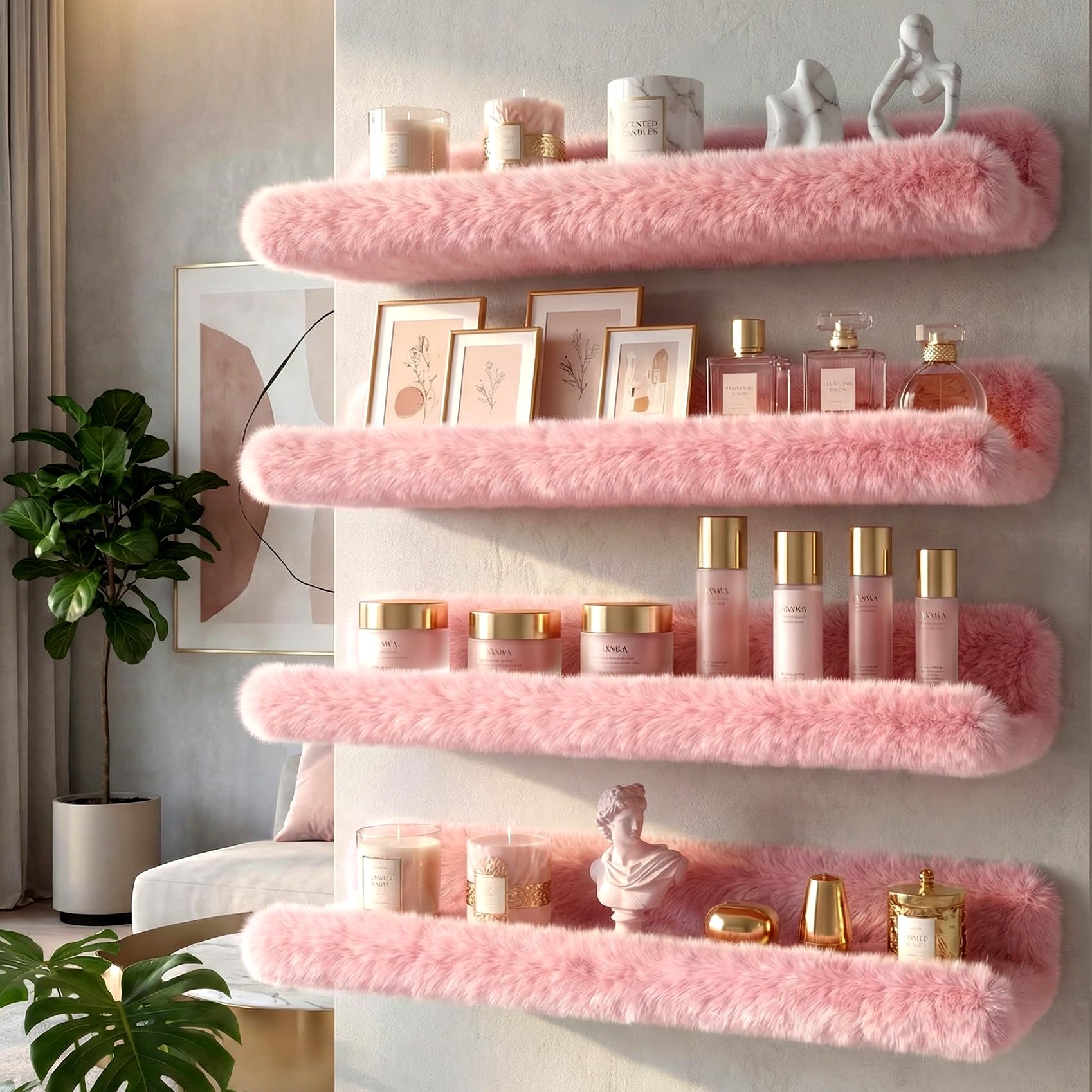 Care&More YJ pink plush display shelf highlights beauty items while protecting surfaces