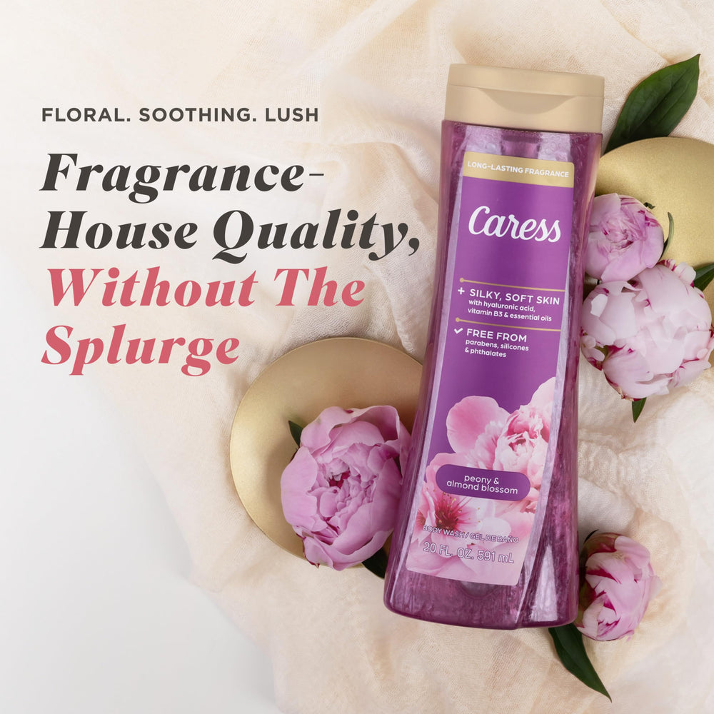 Caress Peony & Almond Blossom, ácido hialurónico e hidratación suave para piel sensible.