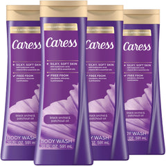 Caress Black Orchid & Patchouli Body Wash bottle front, long-lasting fragrance.