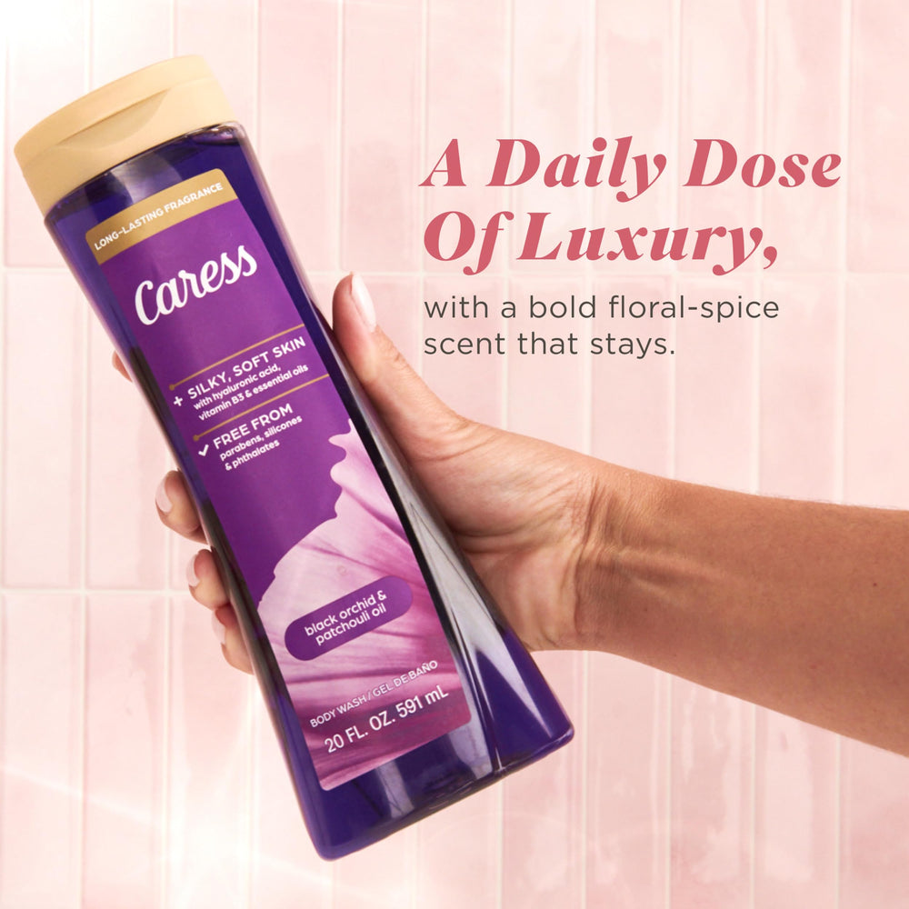 Caress bottle pouring close-up illustrating quick morning shower prep.