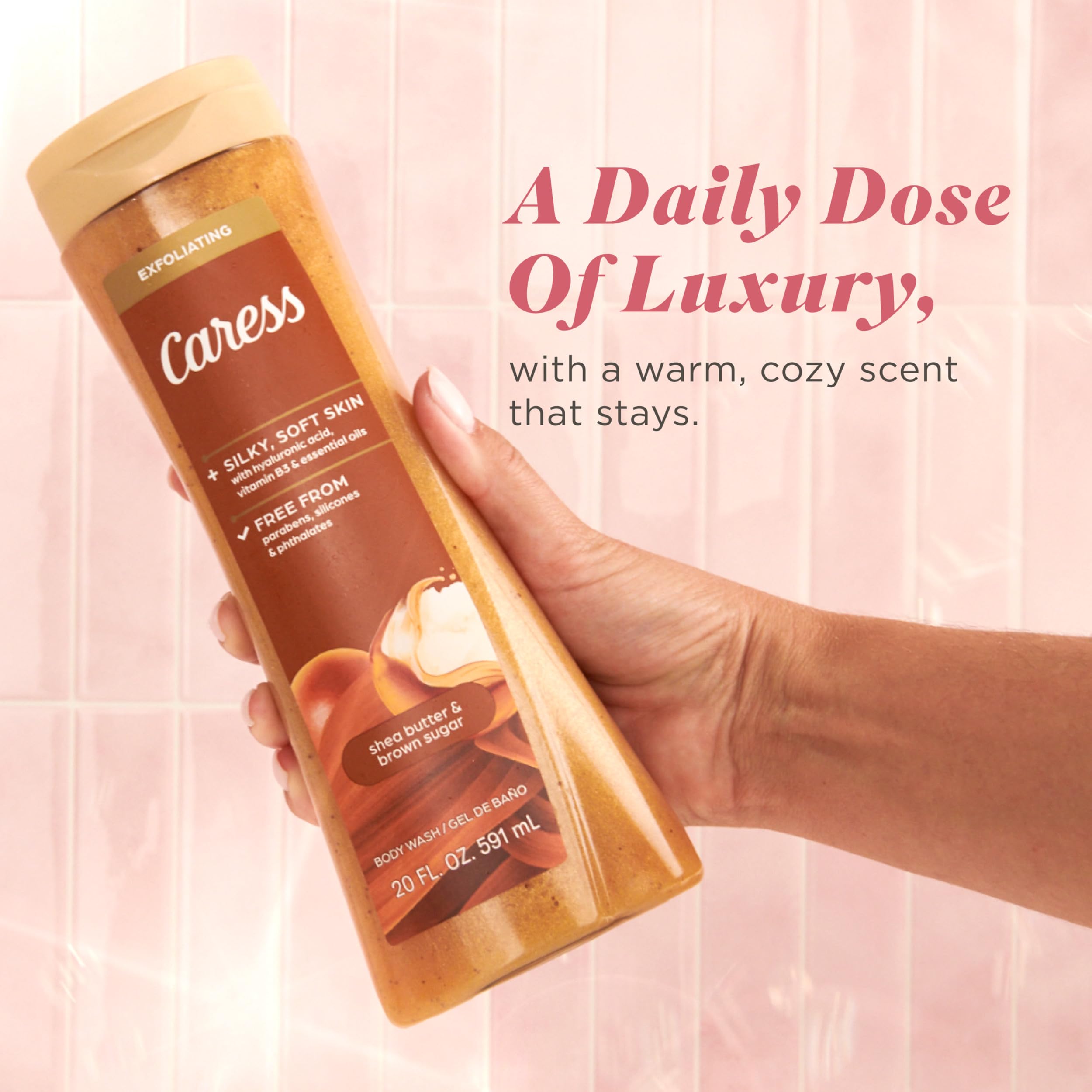 Caress Bottle Pour close-up highlighting premium texture and grip