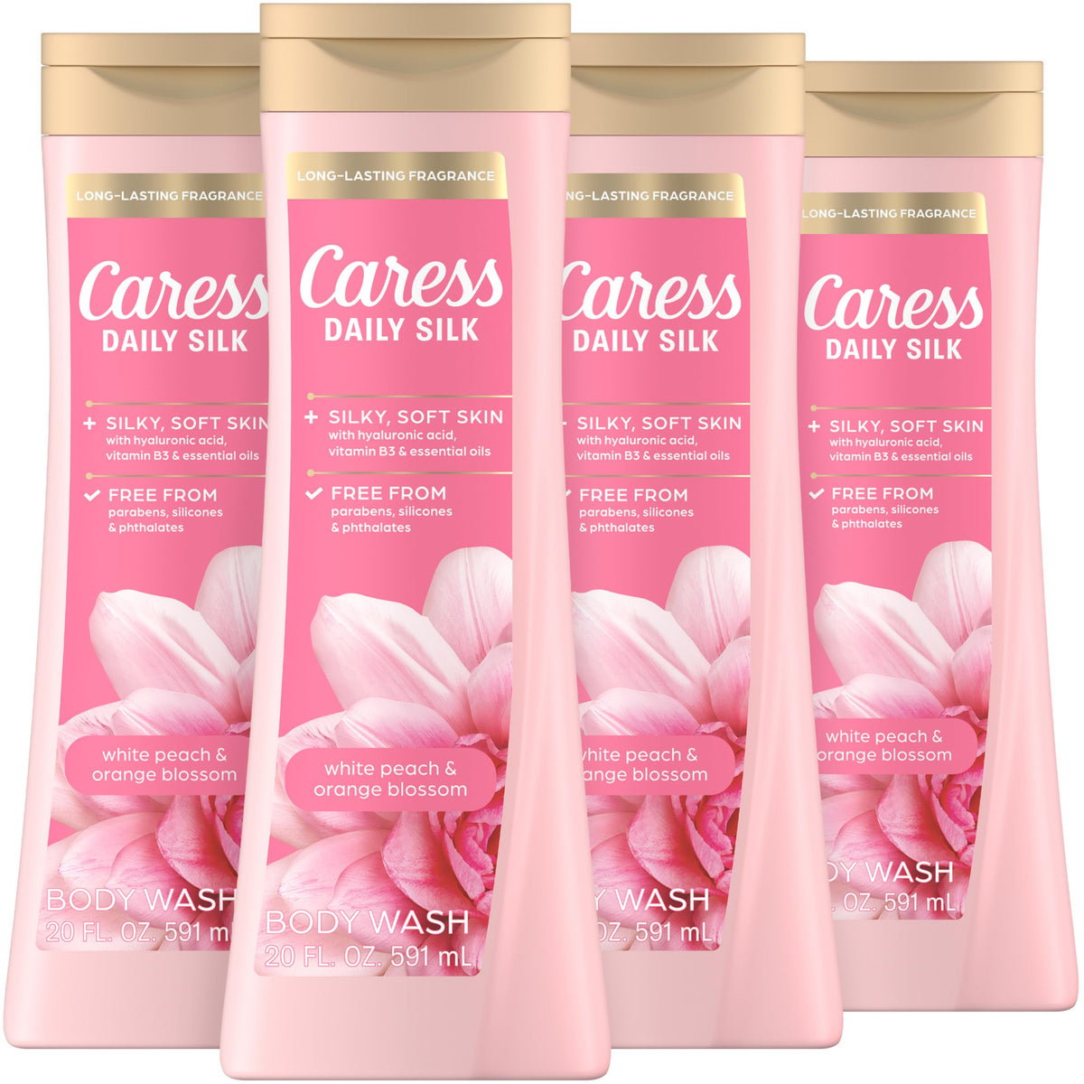 Caress Daily Silk bottle front showcases premium fragrance for silky skin.