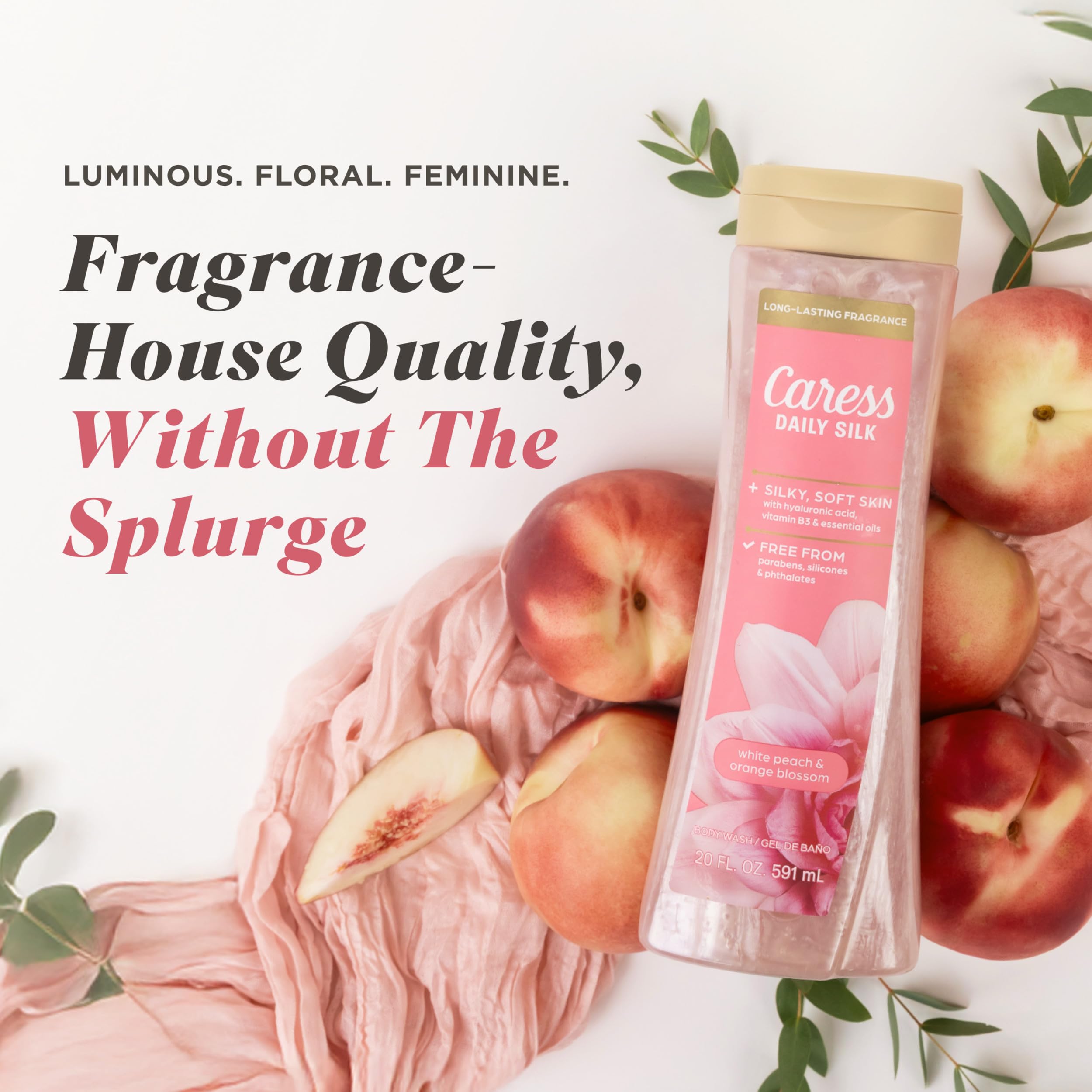 Fragrance swirl emphasizes white peach and orange blossom scent profile.