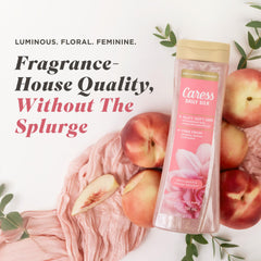 Fragrance swirl emphasizes white peach and orange blossom scent profile.