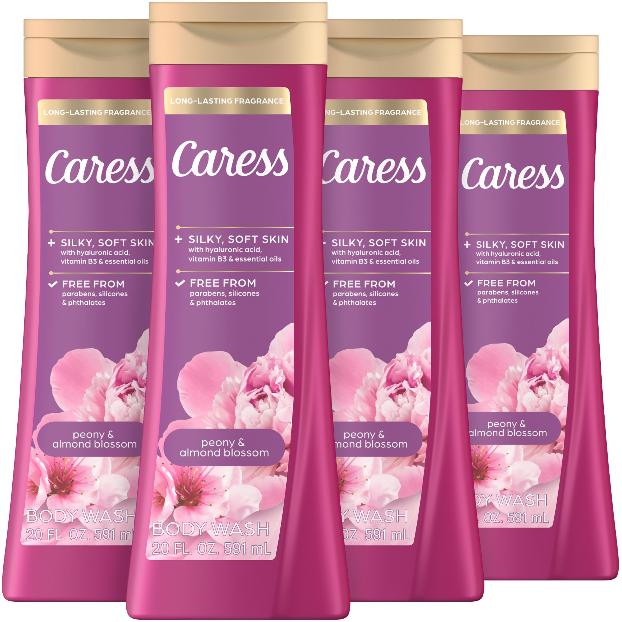 Caress Peony & Almond Blossom: botella visible, aroma floral duradero para duchas diarias.