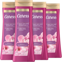 Caress Peony & Almond Blossom: botella visible, aroma floral duradero para duchas diarias.