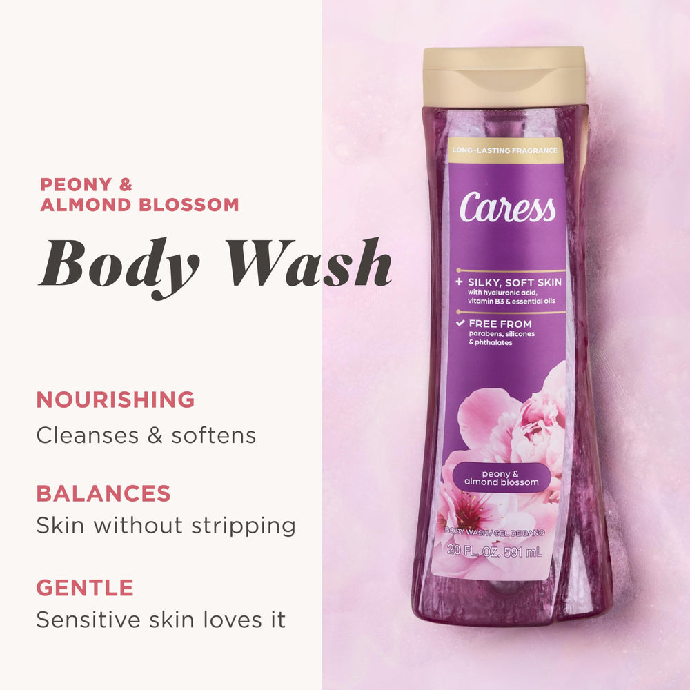 Caress Peony & Almond Blossom, espuma cremosa que deja piel suave tras la ducha.