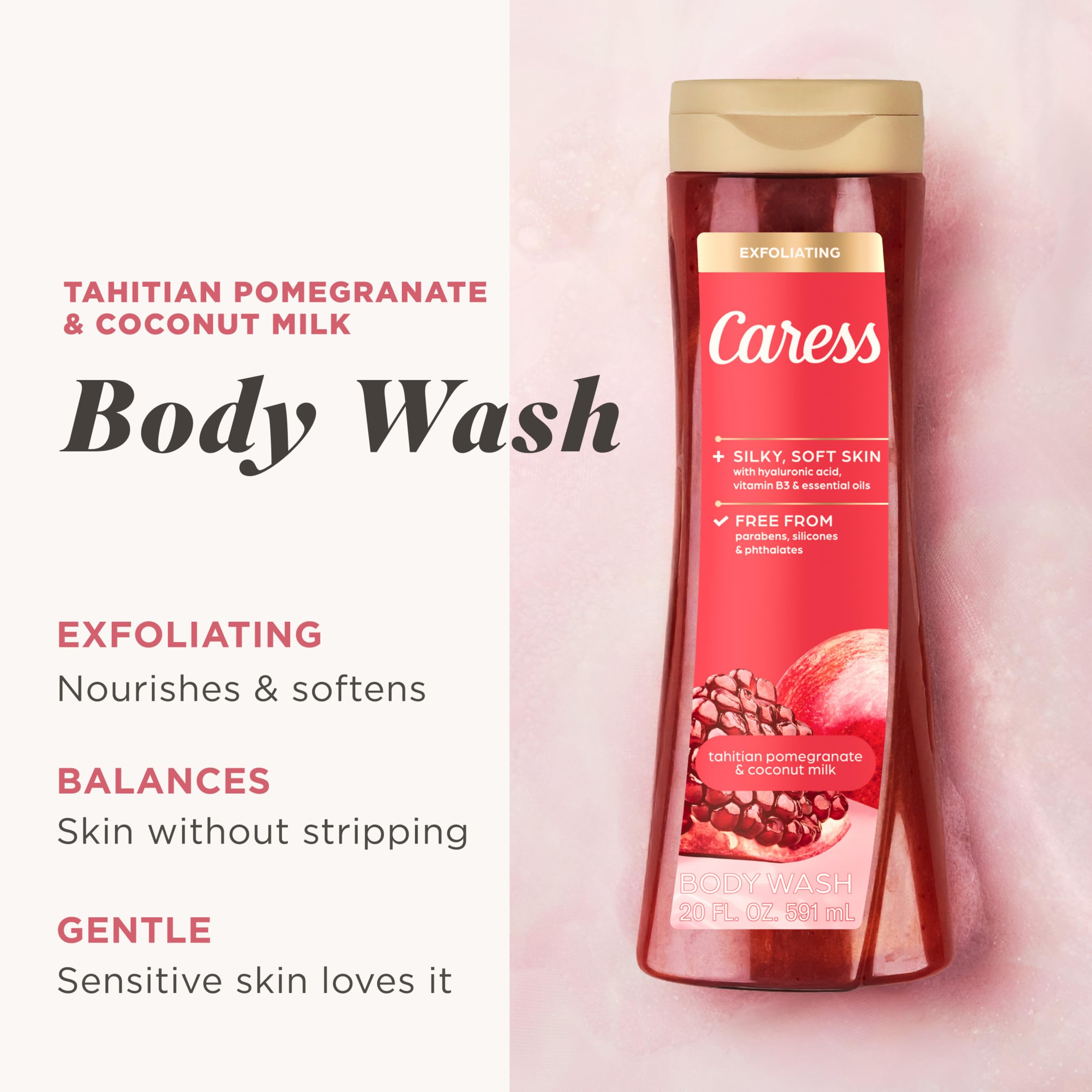 Caress Tahitian Pomegranate Coconut Milk lather—rich foam for hydrated, pampered skin.