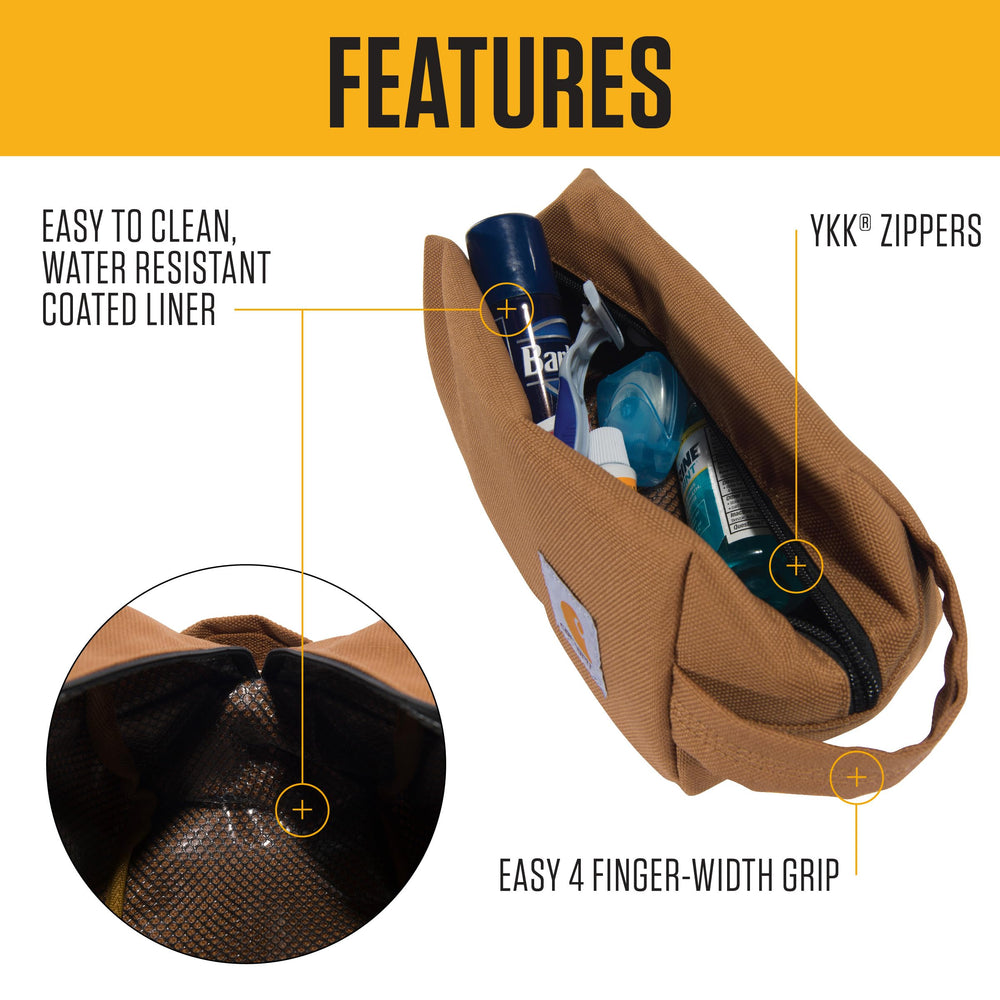 Carhartt Durable Travel Kit material close-up highlights rugged 600D polyester durability.