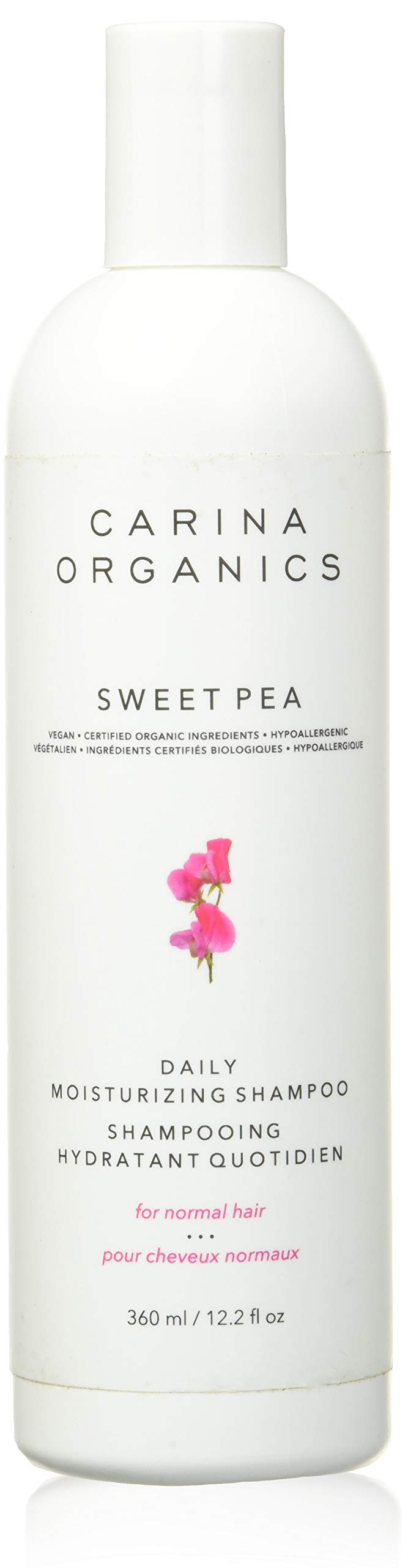 Champú Carina Organics Guisante Dulce: botella elegante para lavado suave diario.