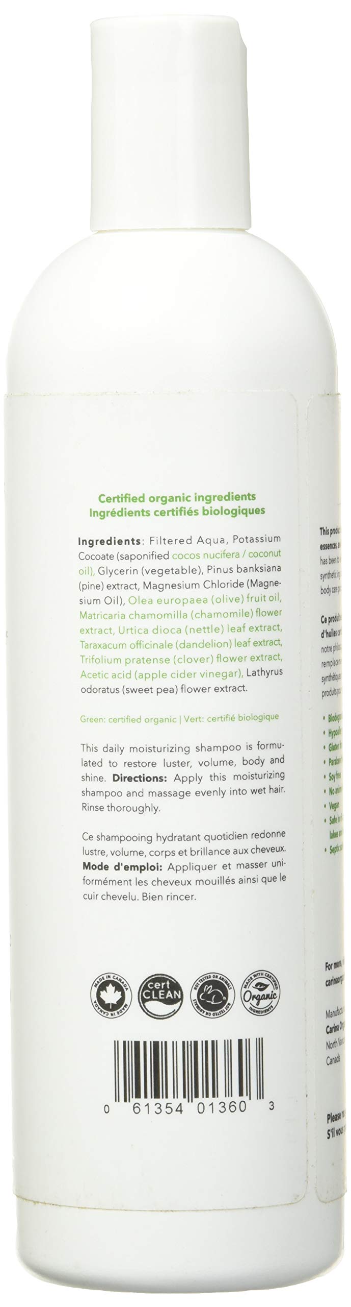 Champú Carina Organics Guisante Dulce resalta ingredientes clave para cabello sano.