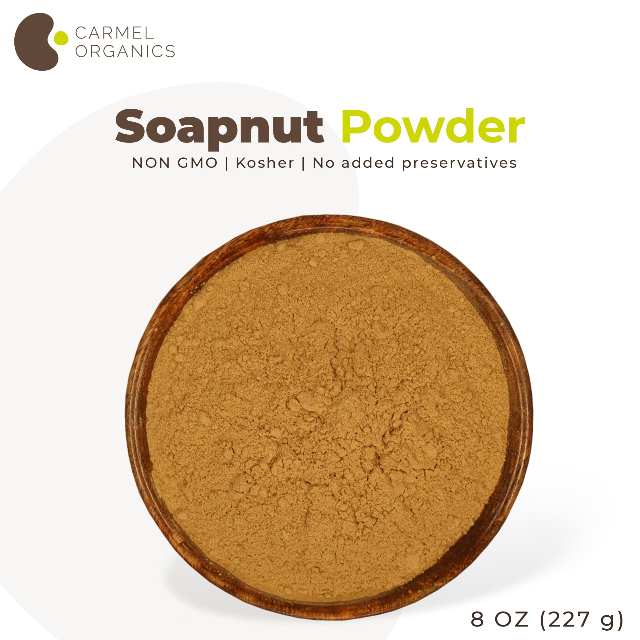 Eco-friendly production message on Carmel Organics packaging.