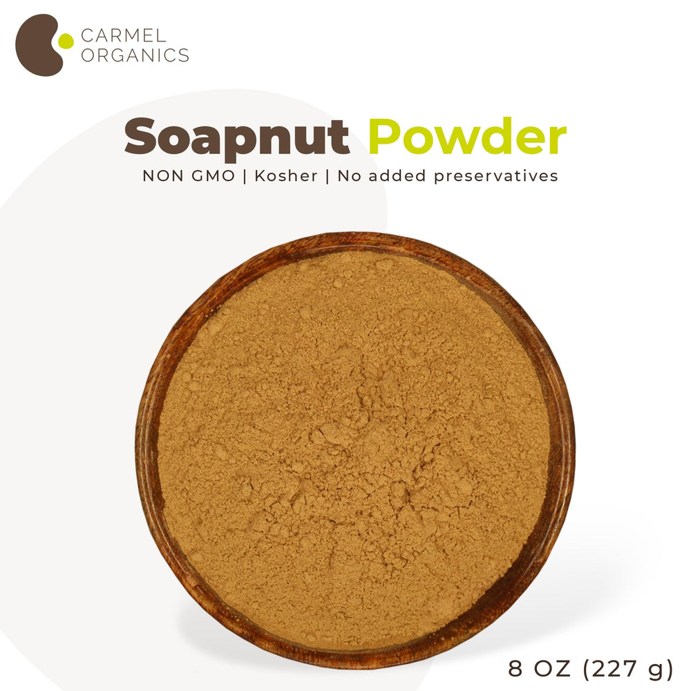 Eco-friendly production message on Carmel Organics packaging.