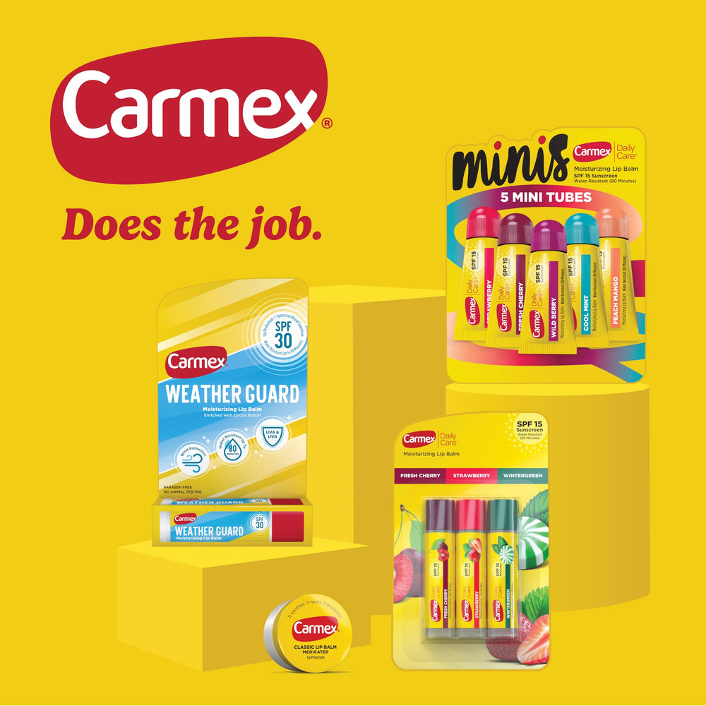 Carmex barras labiales medicadas con SPF para protección diaria.