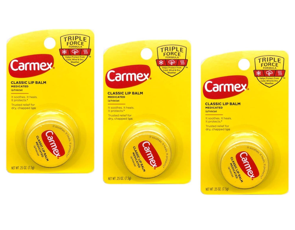 Carmex Classic Lip Balm Medicated pack 3 front view offers portable lip protection.