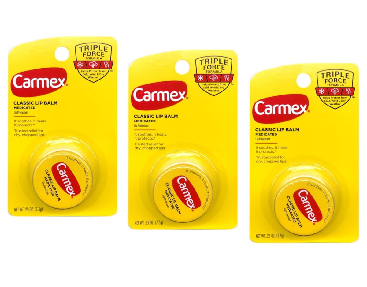 Carmex Classic Lip Balm Medicated pack 3 front view offers portable lip protection.