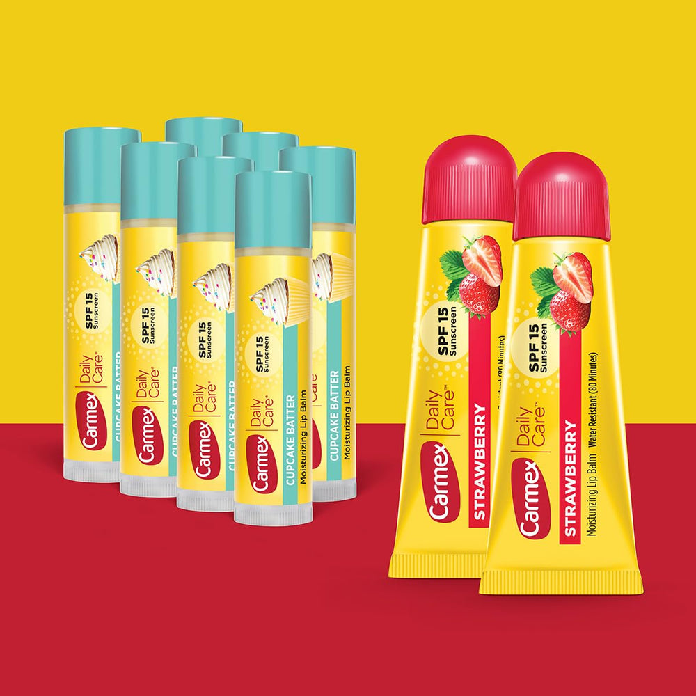 Carmex Daily Care barra sabor masa de cupcake, hidratación cremosa.
