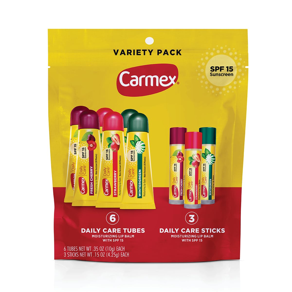 Bálsamo labial Carmex Daily Care SPF 15 en tubo para protección diaria.