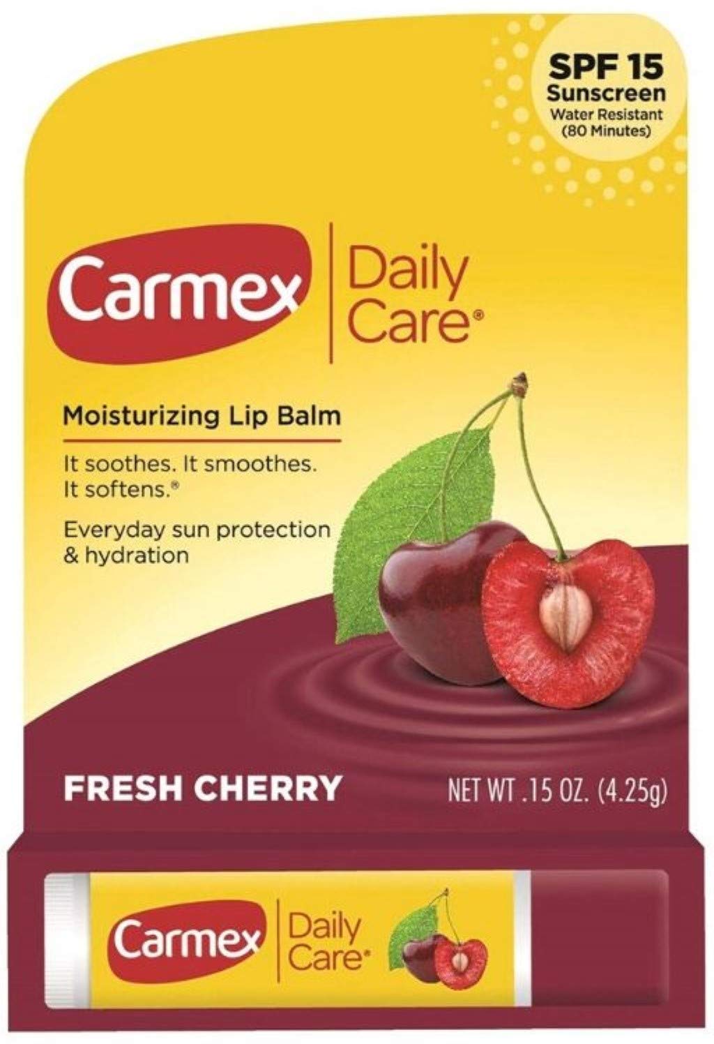 Carmex lip balm stick cherry flavor with SPF 15 for daily lip protection against sun and dryness.