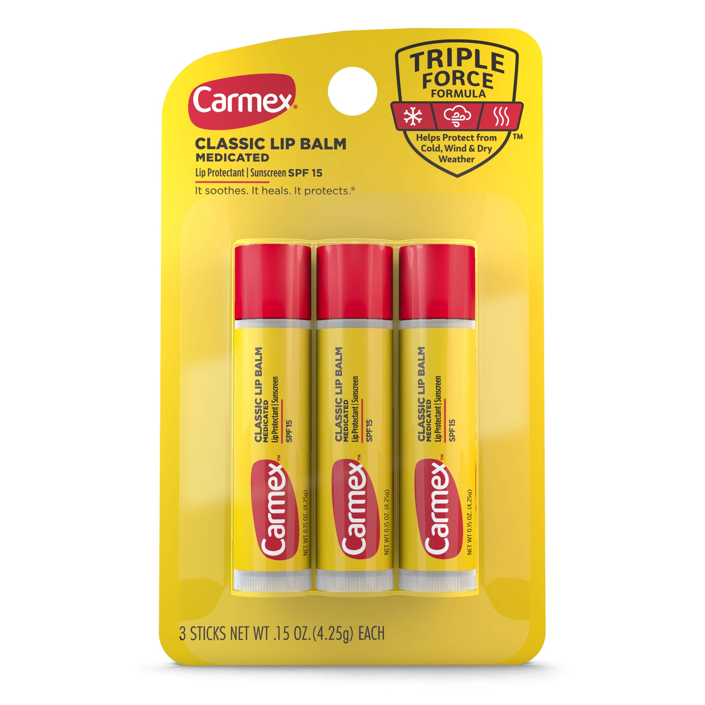 Carmex Lip Balm Sticks pack front showing triple-pack for on-the-go moisture