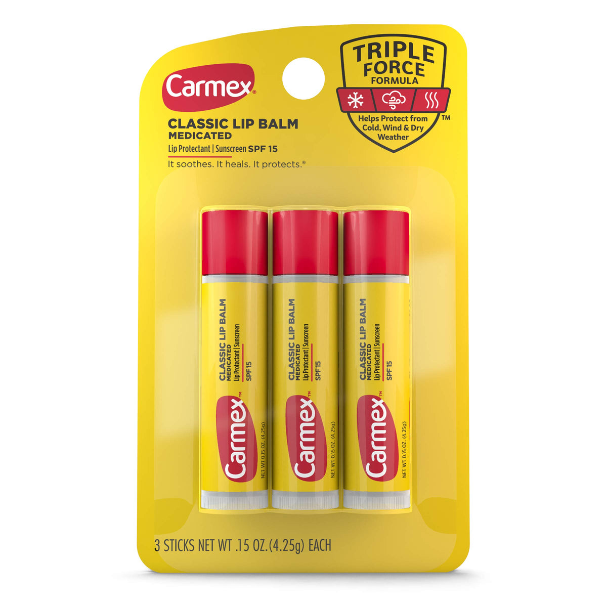 Carmex Lip Balm Sticks pack front showing triple-pack for on-the-go moisture