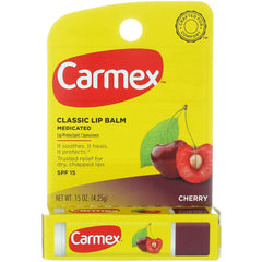 Carmex click-stick balsamo labial, sabor cereza e hidratación suave para el día.