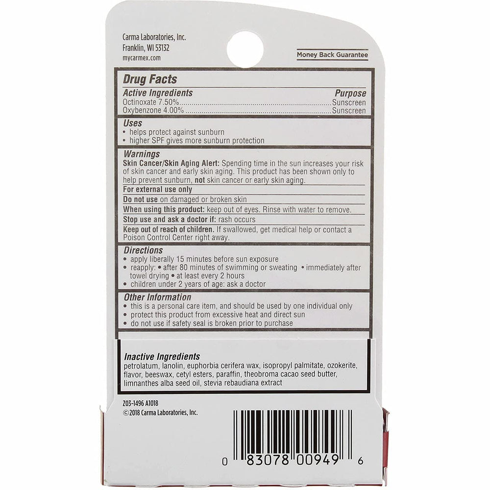Protección SPF15 para labios, Carmex cereza, ideal para retoques diarios.