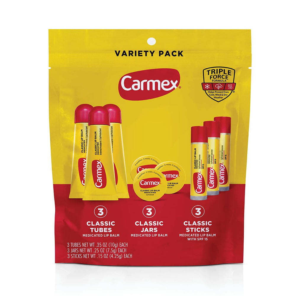 Carmex labial medicado en tubo, pack de nueve para cuidado diario.