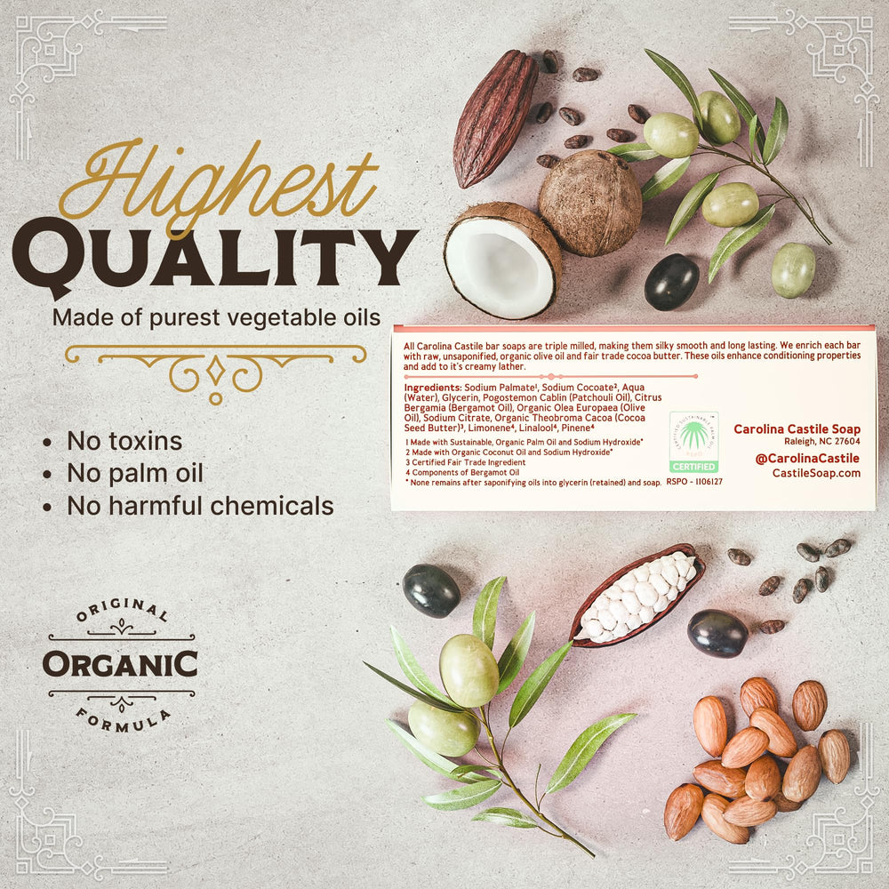 Carolina Castile Soap, manteca de cacao de comercio justo, piel nutrida.