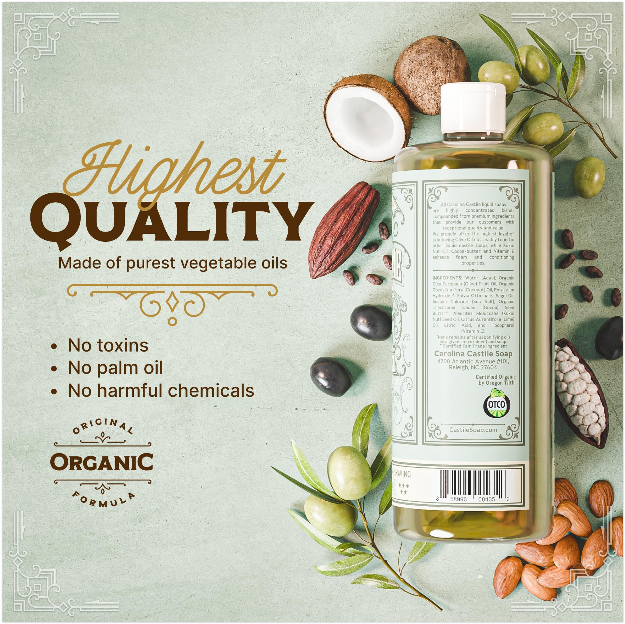 Carolina Castile Organic Oils Label highlights clean, toxin-free ingredients.