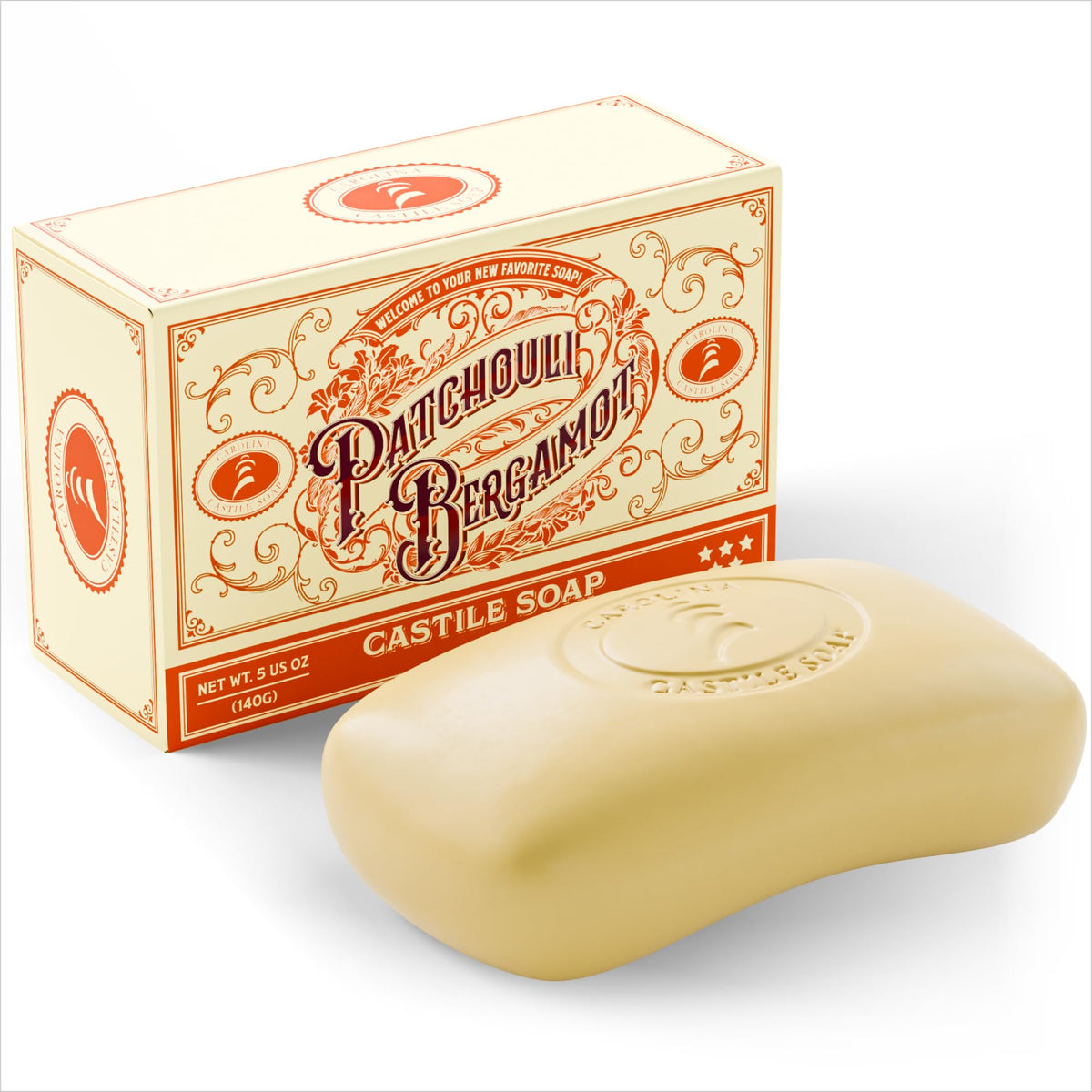Carolina Castile Soap Patchouli Bergamot, barra de jabón con aroma terroso para uso diario.