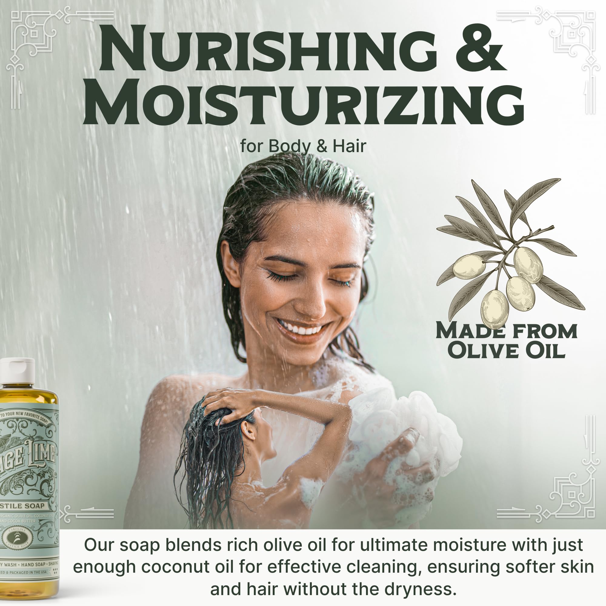 Carolina Castile Sage Lime creamy lather ideal for gentle cleansing.