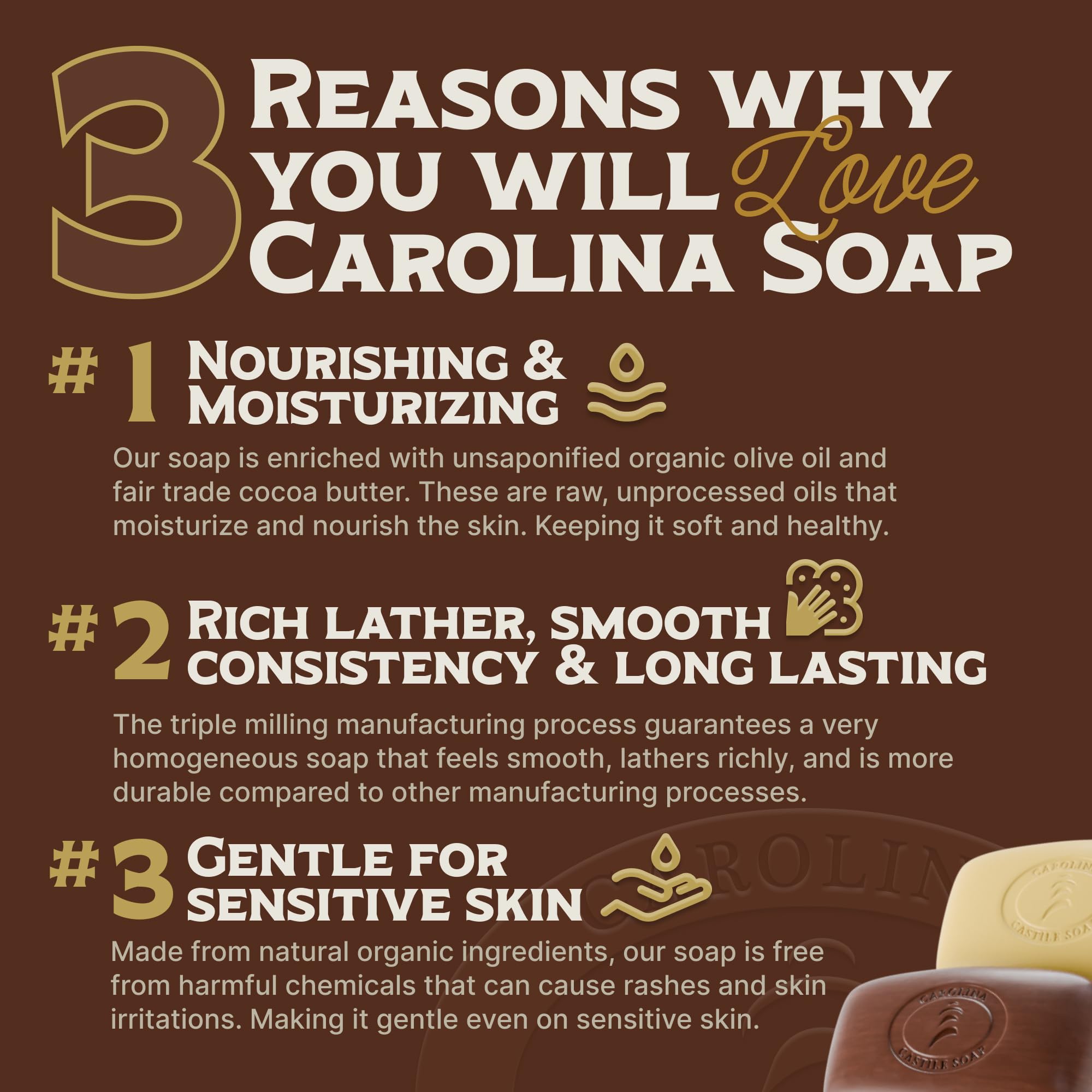 Carolina Castile Soap Bay Rum Bar, textura cremosa lista para ducha