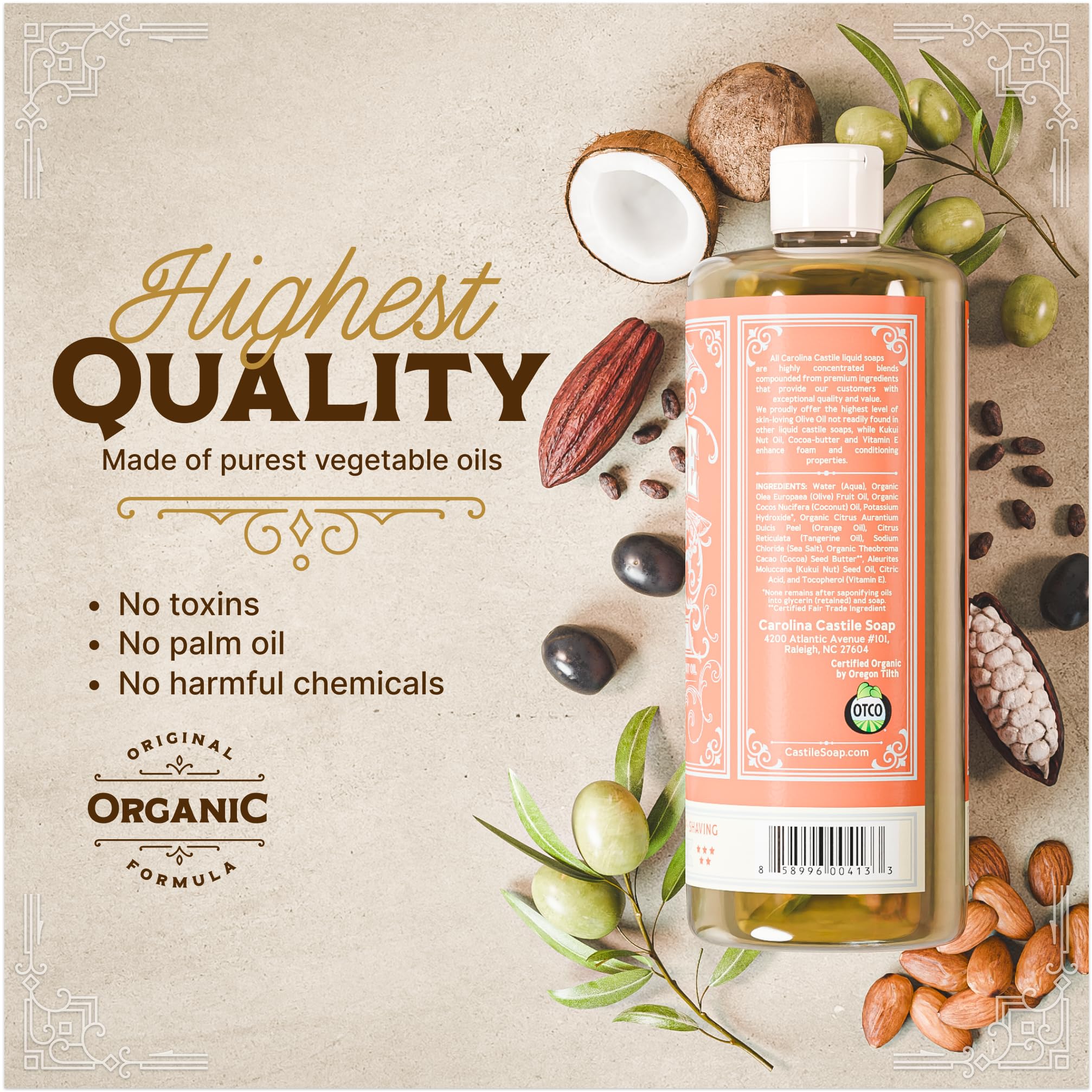 Carolina Castile Soap cocoa butter and kukui oil ingredients shown