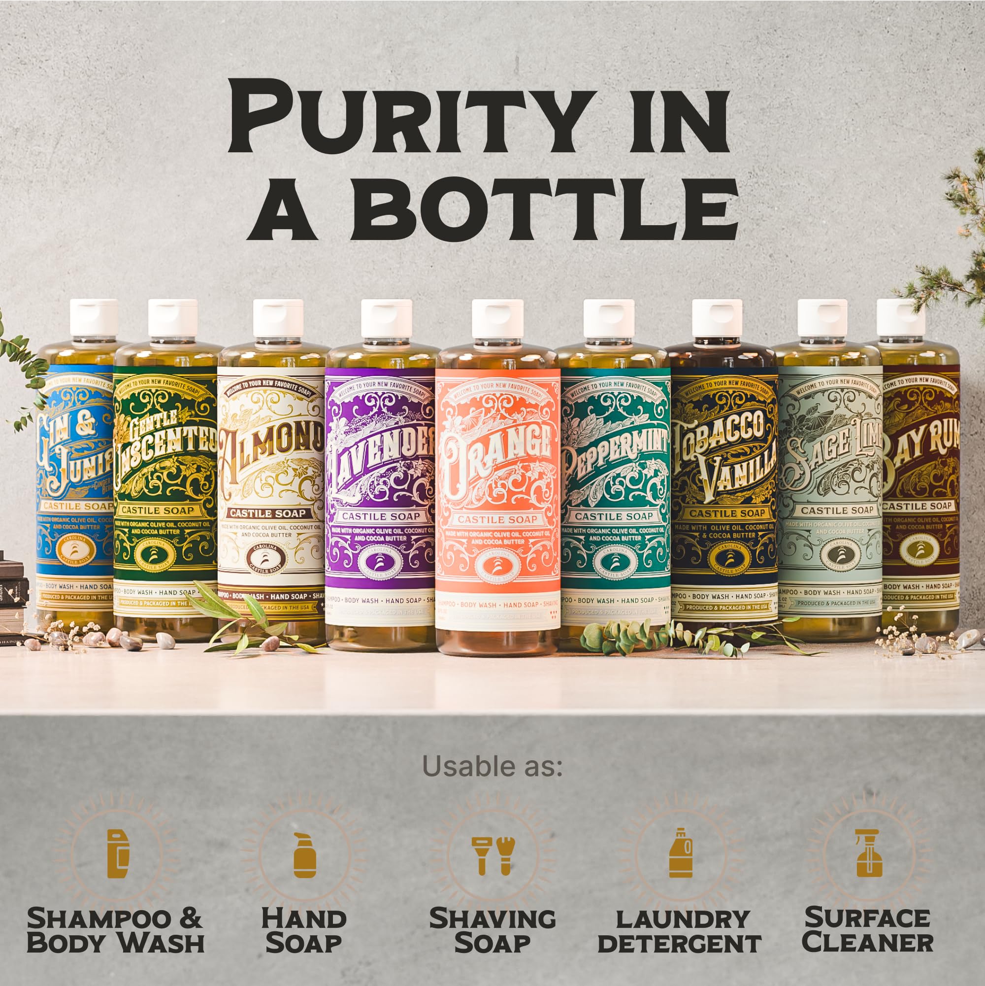 Carolina Castile Soap made in USA bottle with organic oils.