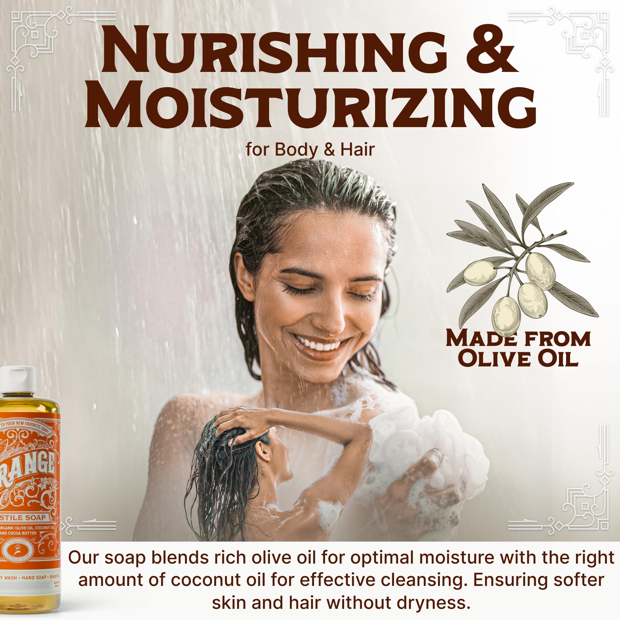 Carolina Castile Soap orange-scent lather, gentle cleansing for skin and hair