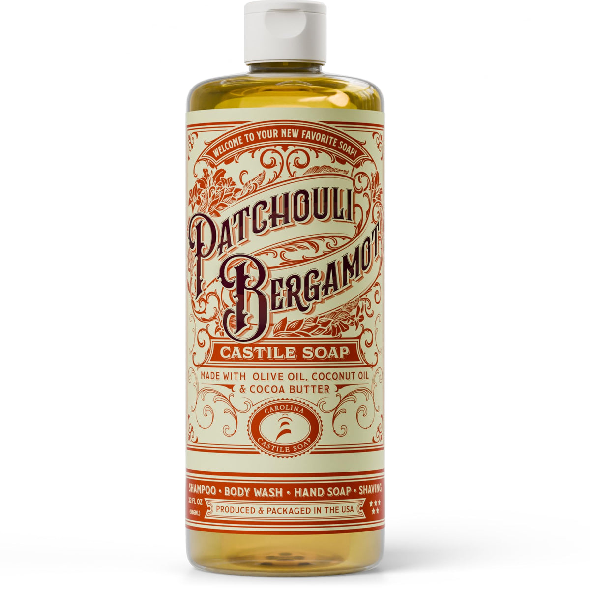Carolina Castile Soap Patchouli Bergamot bottle for aromatic cleanse