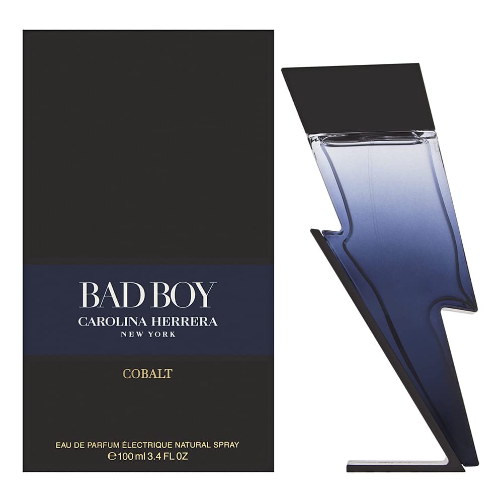 Carolina Herrera Bad Boy Cobalt bottle pour, ideal for bold evening wear and long-lasting scent